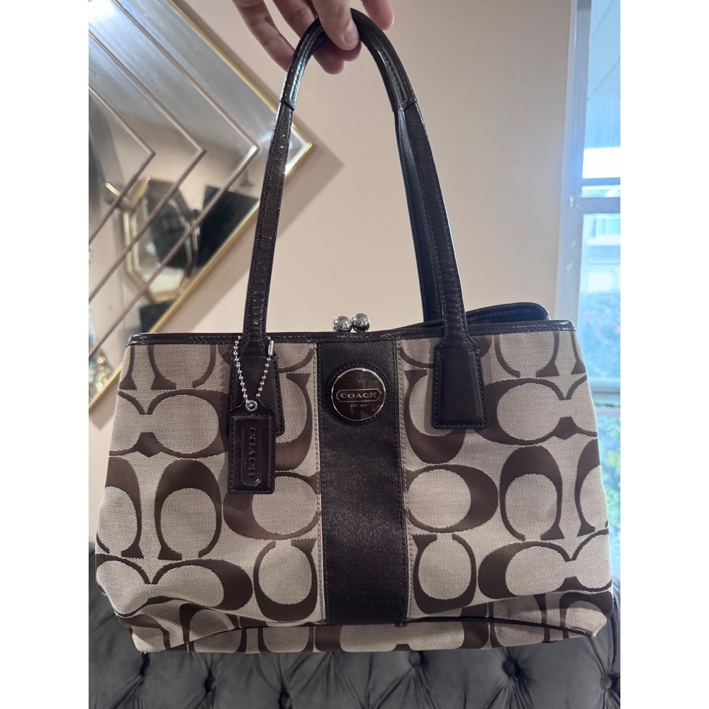Coach Signature Jacquard Kisslock Gallery Tote Brown Khaki F13533